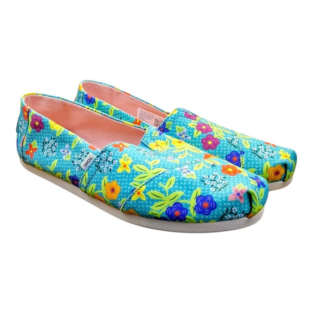TOMS Alpargata Flats Womens US 7.5 Blue Floral Canvas Slip On Comfort Shoes